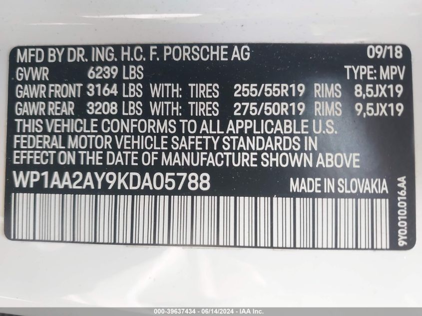 2019 Porsche Cayenne VIN: WP1AA2AY9KDA05788 Lot: 39637434