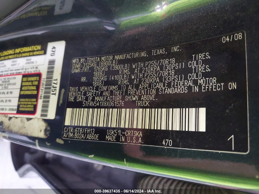 2008 Toyota Tundra Sr5 5.7L V8 VIN: 5TFRV541X8X061576 Lot: 39637435