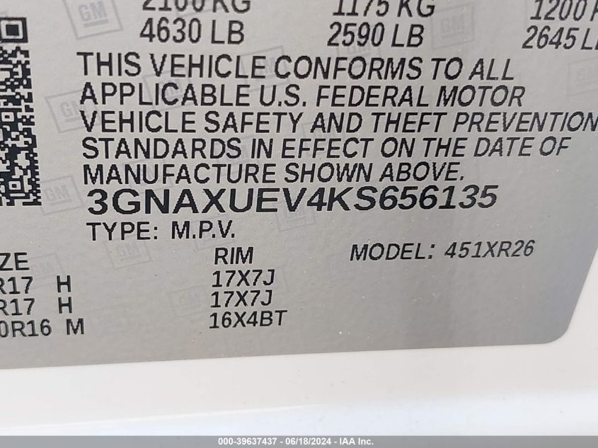 2019 Chevrolet Equinox Lt VIN: 3GNAXUEV4KS656135 Lot: 39637437