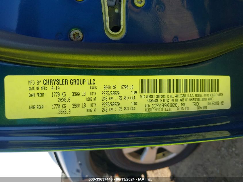 2010 Dodge Ram 1500 Slt/Sport/Trx VIN: 1D7RV1GP0AS182991 Lot: 39637446