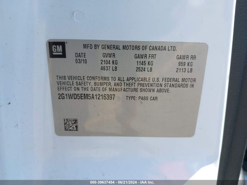 2010 Chevrolet Impala Police VIN: 2G1WD5EM5A1216397 Lot: 39637454