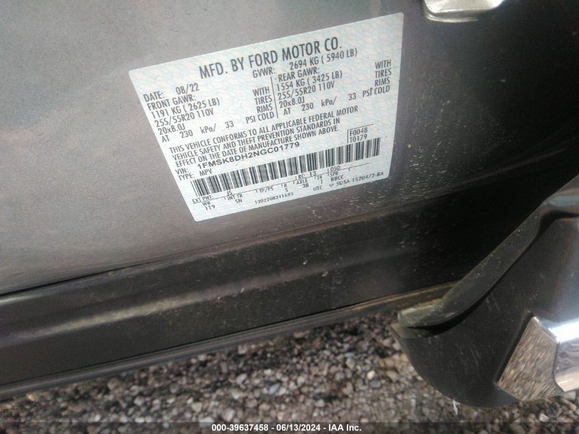 2022 Ford Explorer Xlt VIN: 1FMSK8DH2NGC01779 Lot: 39637458