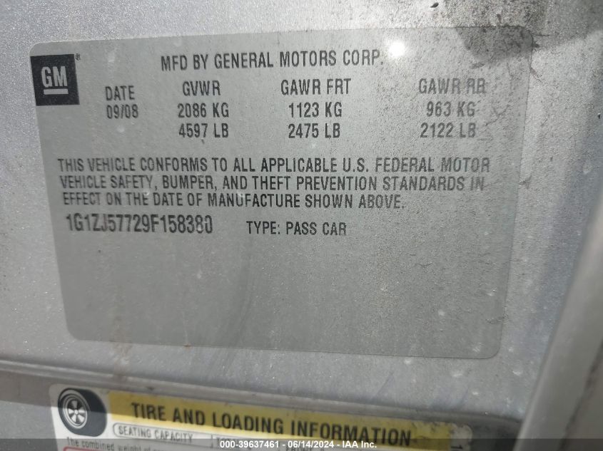 2009 Chevrolet Malibu Lt VIN: 1G1ZJ57729F158380 Lot: 39637461