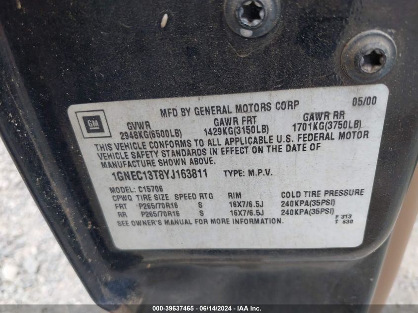 2000 Chevrolet Tahoe All New Ls VIN: 1GNEC13T8YJ163811 Lot: 39637465