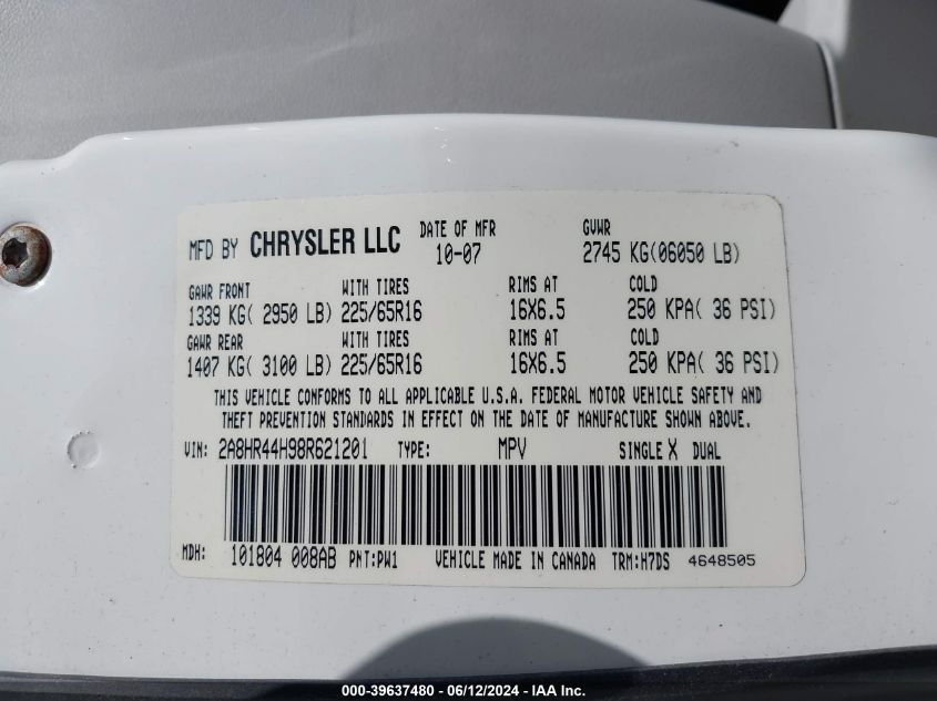 2008 Chrysler Town & Country Lx VIN: 2A8HR44H98R621201 Lot: 39637480