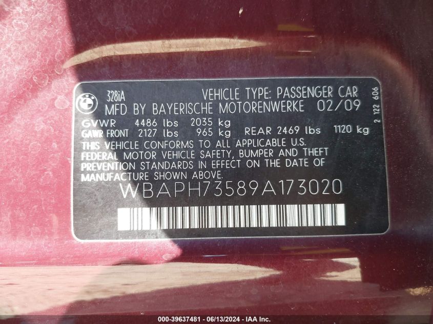 2009 BMW 328I VIN: WBAPH73589A173020 Lot: 39637481