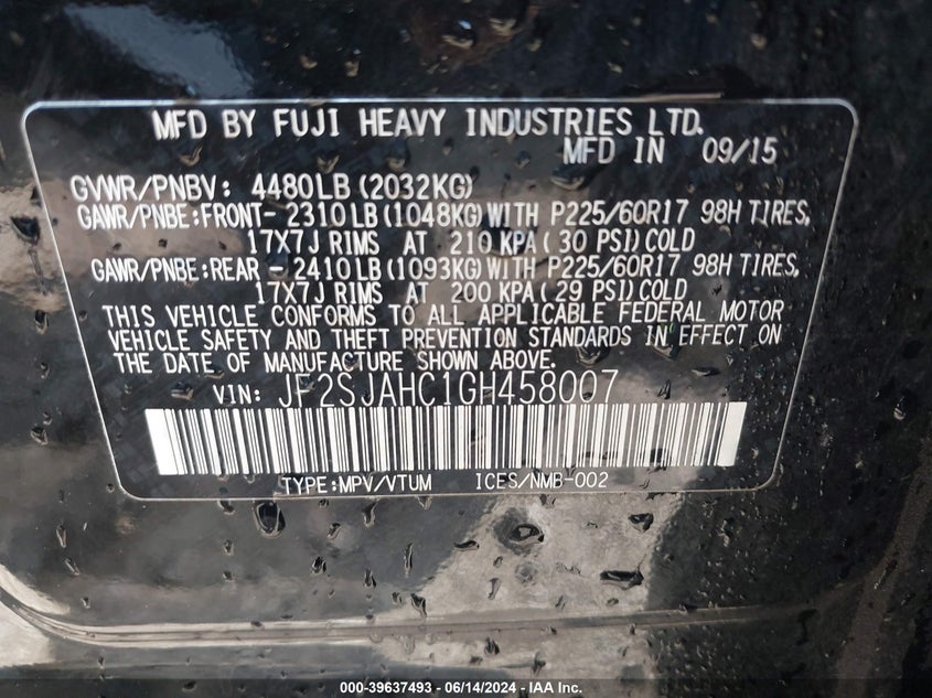 2016 Subaru Forester 2.5I Limited VIN: JF2SJAHC1GH458007 Lot: 39637493