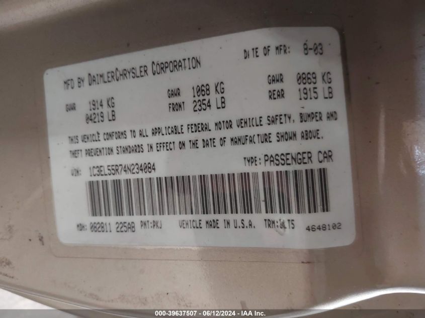 2004 Chrysler Sebring Lxi VIN: 1C3EL55R74N234084 Lot: 39637507