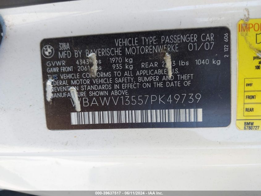 2007 BMW 328I VIN: WBAWV13557PK49739 Lot: 39637517