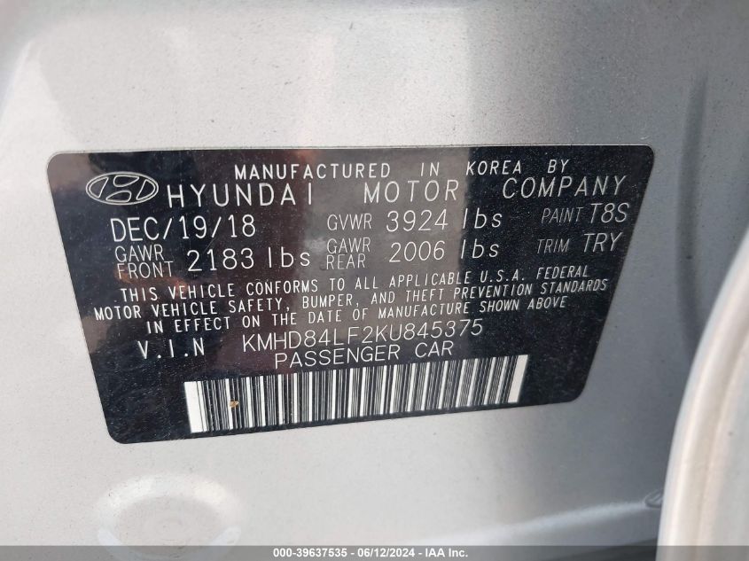 2019 Hyundai Elantra Sel VIN: KMHD84LF2KU845375 Lot: 39637535