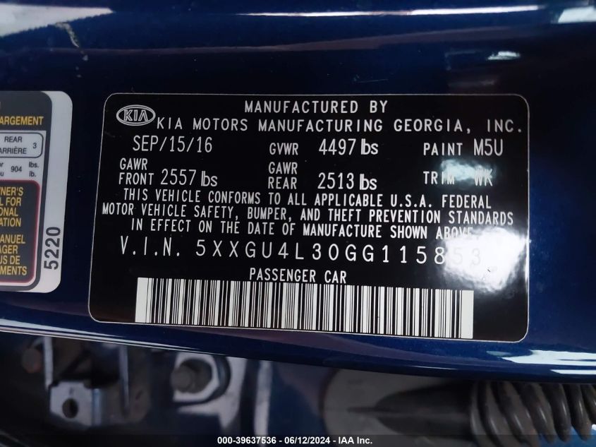 2016 Kia Optima Ex VIN: 5XXGU4L30GG115853 Lot: 39637536