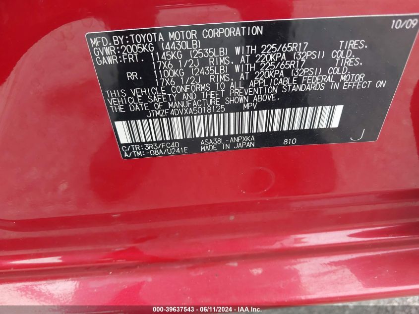 2010 Toyota Rav4 VIN: JTMZF4DVXA5018125 Lot: 39637543