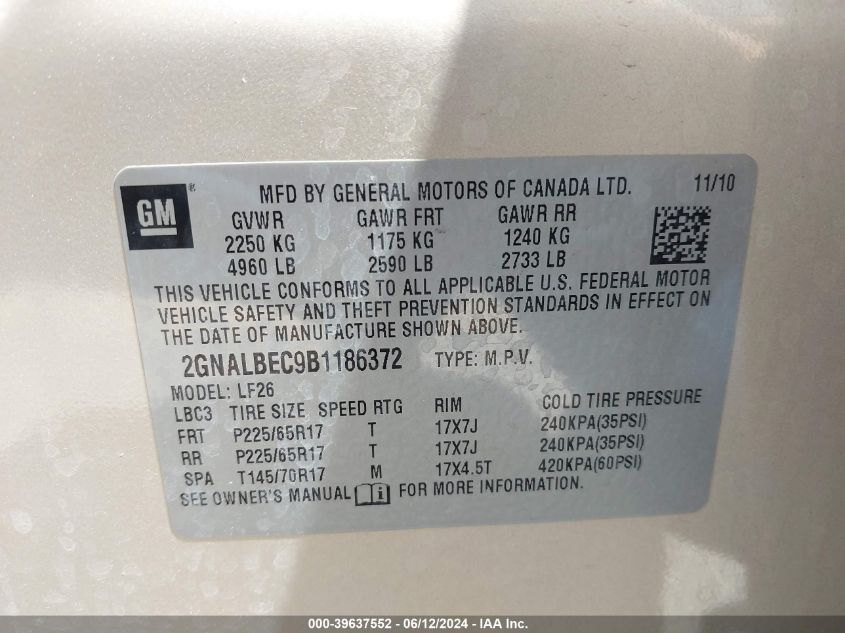 2011 Chevrolet Equinox Ls VIN: 2GNALBEC9B1186372 Lot: 39637552