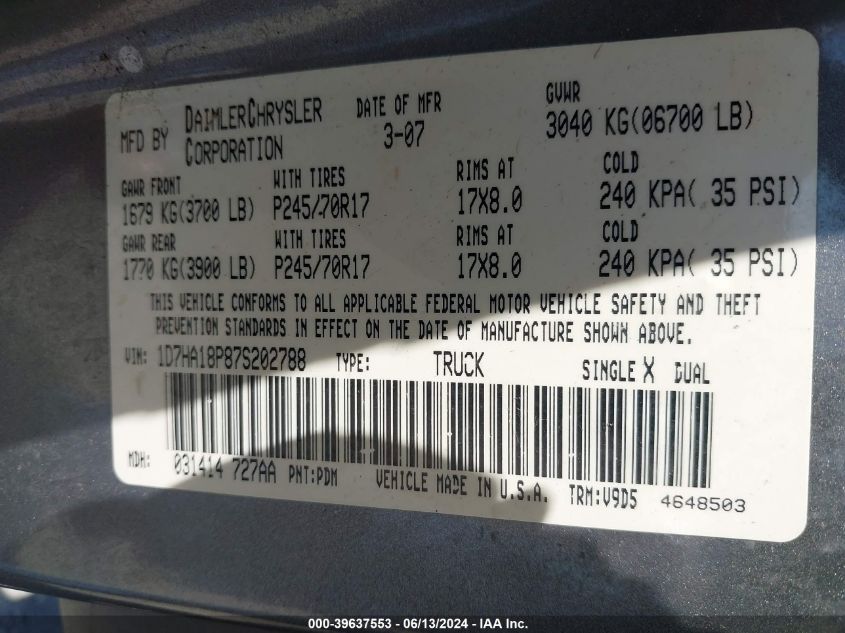 2007 Dodge Ram 1500 Slt VIN: 1D7HA18P87S202788 Lot: 39637553