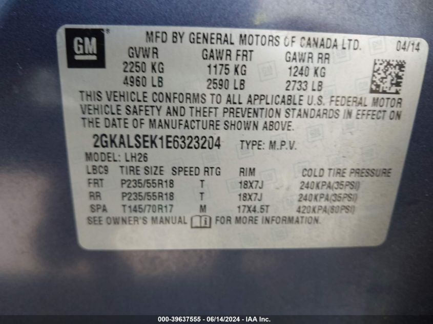 2014 GMC Terrain Slt-1 VIN: 2GKALSEK1E6323204 Lot: 39637555