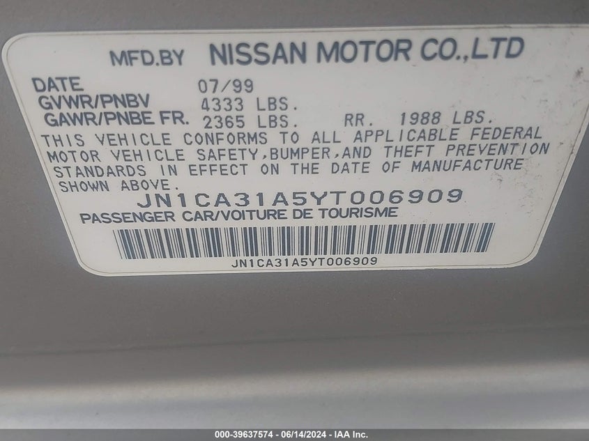 2000 Nissan Maxima Gle/Gxe/Se VIN: JN1CA31A5YT006909 Lot: 39637574