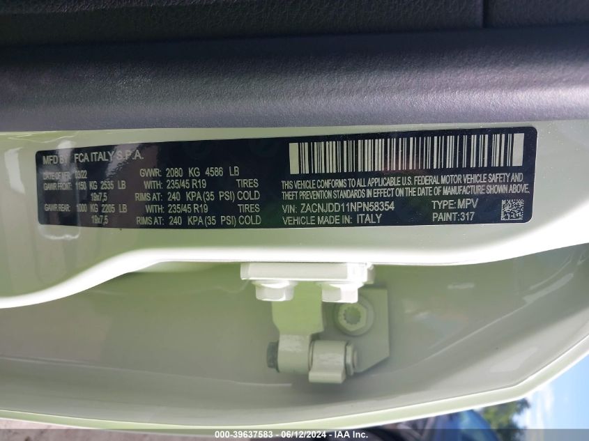 2022 Jeep Renegade Limited 4X4 VIN: ZACNJDD11NPN58354 Lot: 39637583