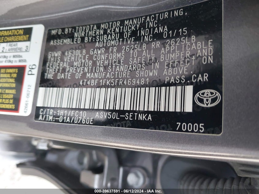 2015 Toyota Camry Le VIN: 4T4BF1FK5FR469481 Lot: 39637591