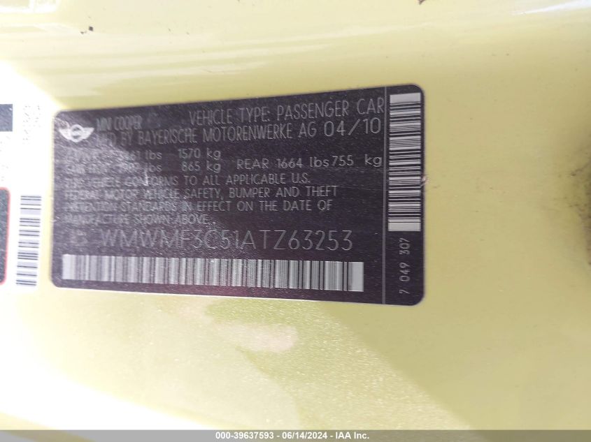 2010 Mini Cooper VIN: WMWMF3C51ATZ63253 Lot: 39637593