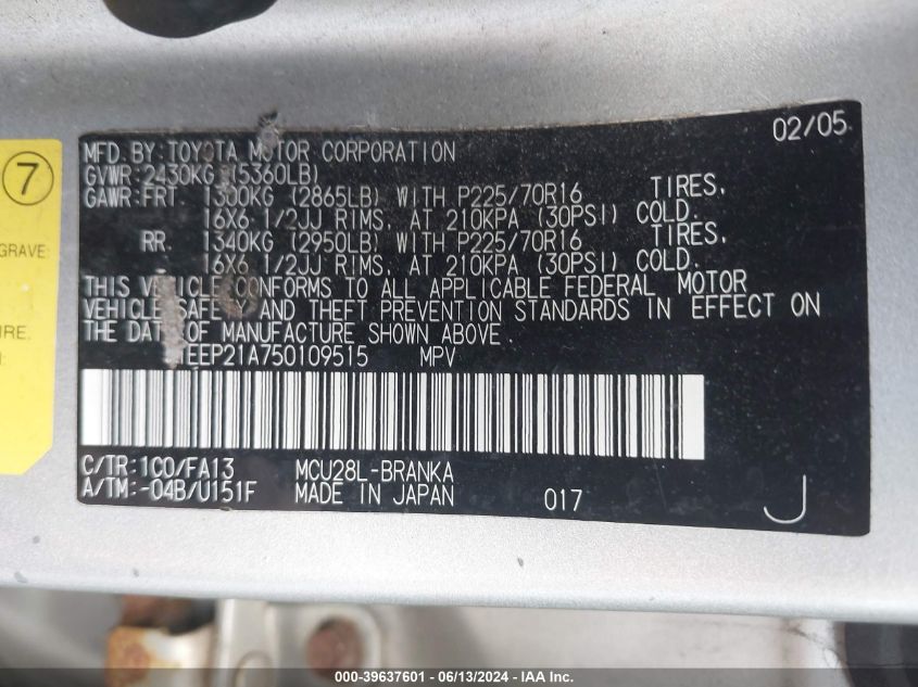 2005 Toyota Highlander V6 VIN: JTEEP21A750109515 Lot: 39637601