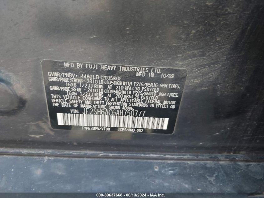 2010 Subaru Forester 2.5X VIN: JF2SH6AC6AH750777 Lot: 39637668