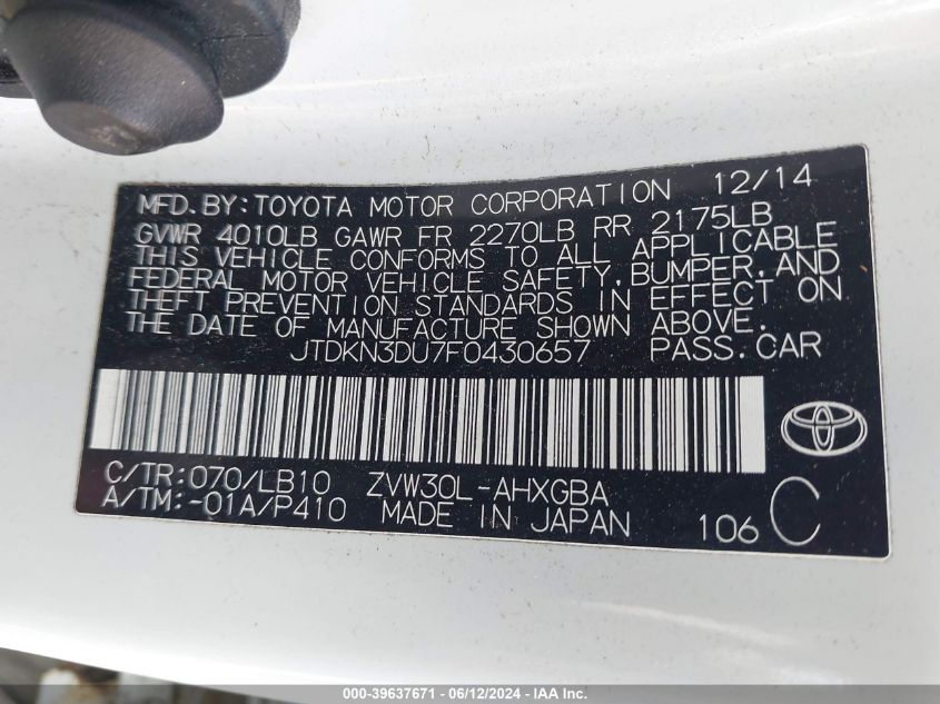 2015 Toyota Prius Four VIN: JTDKN3DU7F0430657 Lot: 39637671