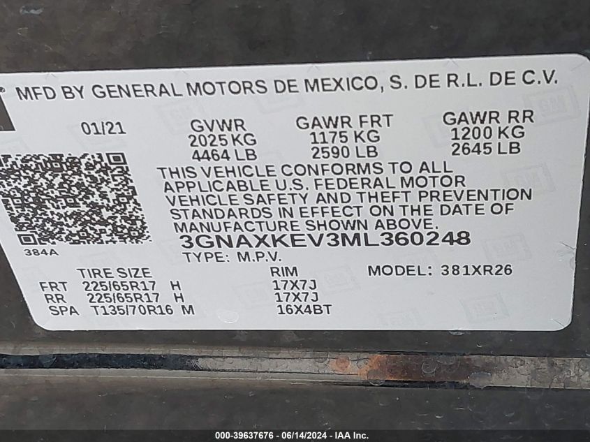 2021 Chevrolet Equinox Fwd Lt VIN: 3GNAXKEV3ML360248 Lot: 39637676