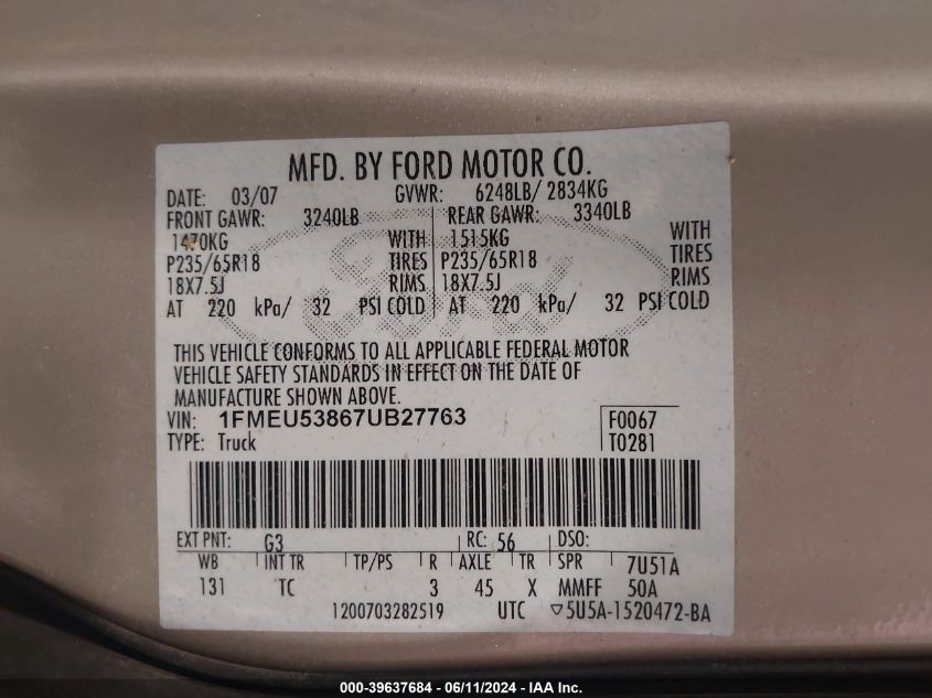 2007 Ford Explorer Sport Trac Limited VIN: 1FMEU53867UB27763 Lot: 39637684