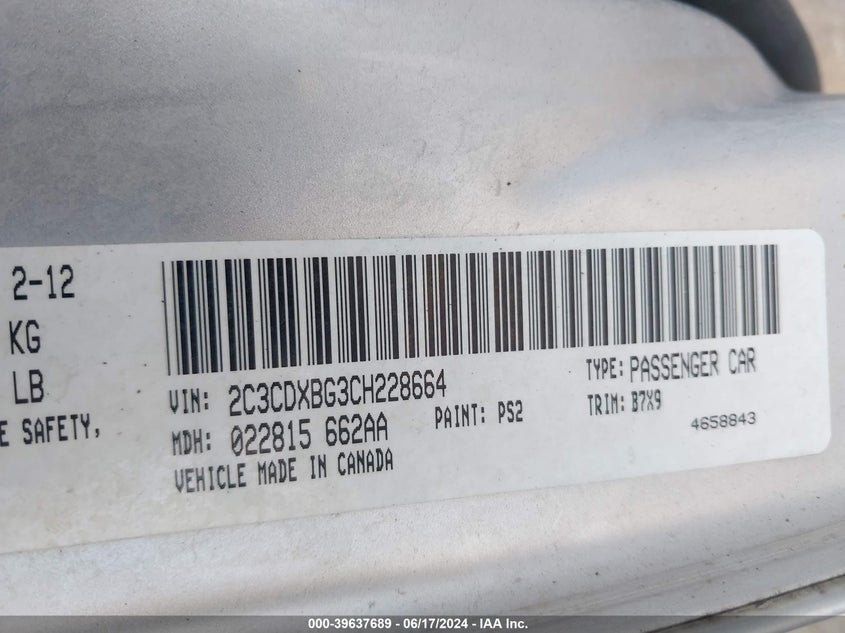 2012 Dodge Charger Se VIN: 2C3CDXBG3CH228664 Lot: 39637689