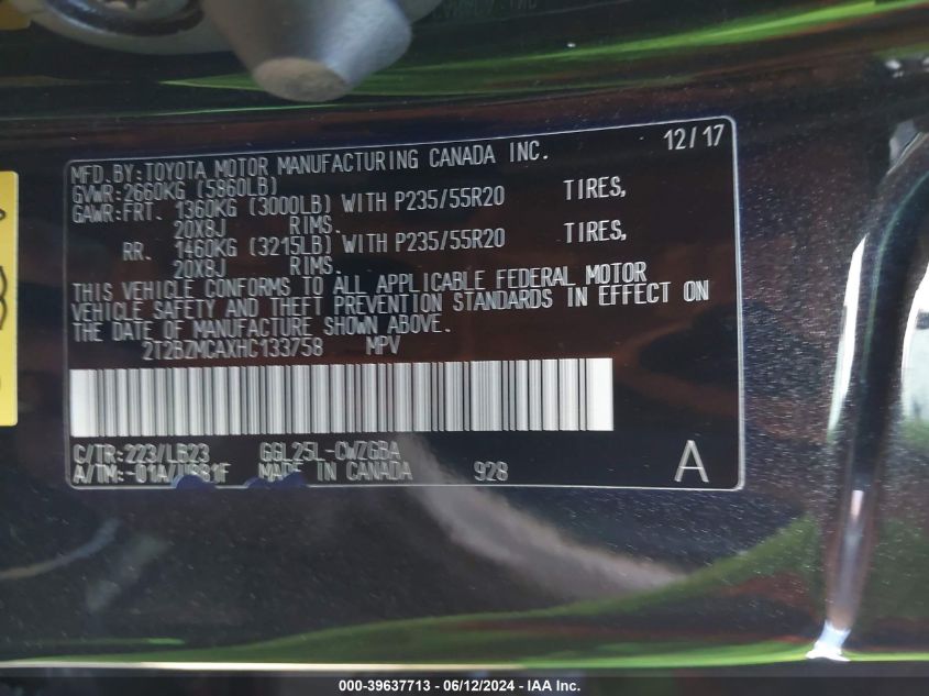 2017 Lexus Rx 350 VIN: 2T2BZMCAXHC133758 Lot: 39637713