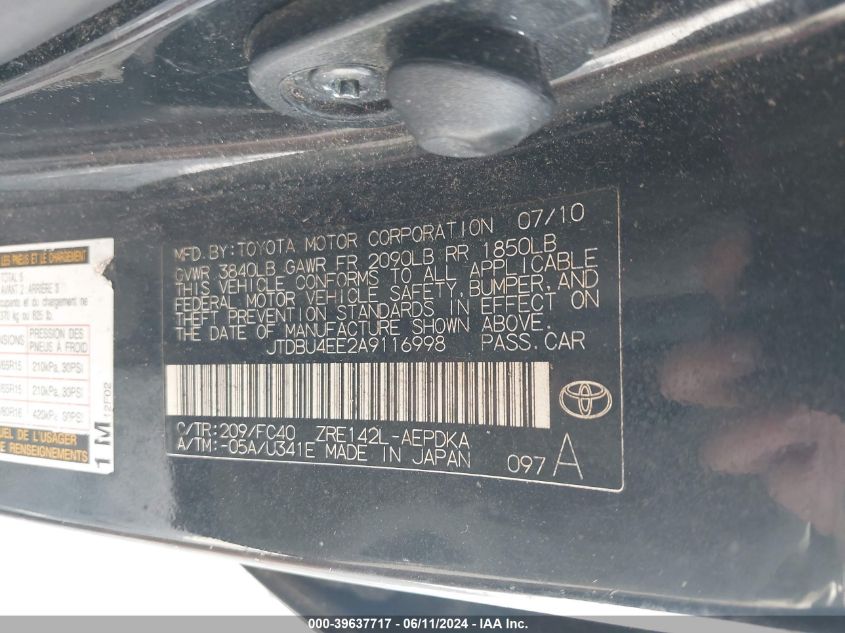 2010 Toyota Corolla Le VIN: JTDBU4EE2A9116998 Lot: 39637717