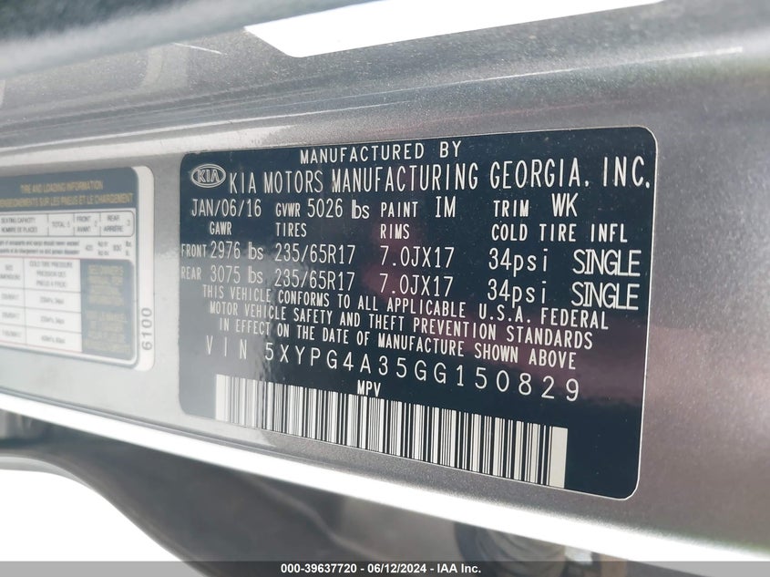 2016 Kia Sorento 2.4L Lx VIN: 5XYPG4A35GG150829 Lot: 39637720