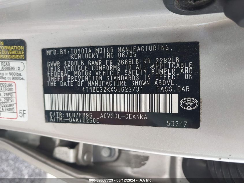 2005 Toyota Camry Le VIN: 4T1BE32KX5U623731 Lot: 39637729