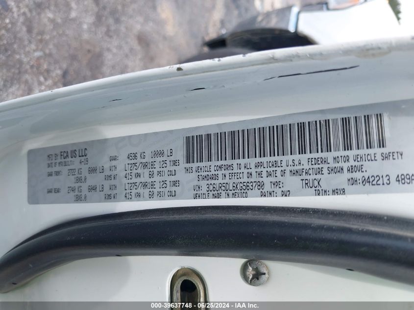 2019 Ram 2500 Big Horn 4X4 6'4 Box VIN: 3C6UR5DL6KG563780 Lot: 39637748