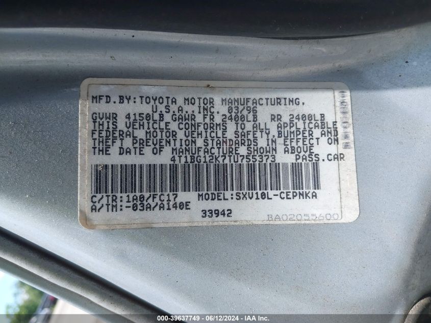 4T1BG12K7TU755373 | 1996 TOYOTA CAMRY