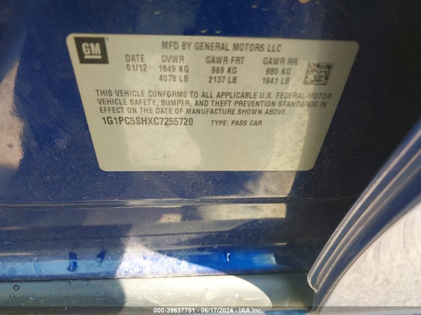 2012 Chevrolet Cruze Ls VIN: 1G1PC5SHXC7255720 Lot: 39637751