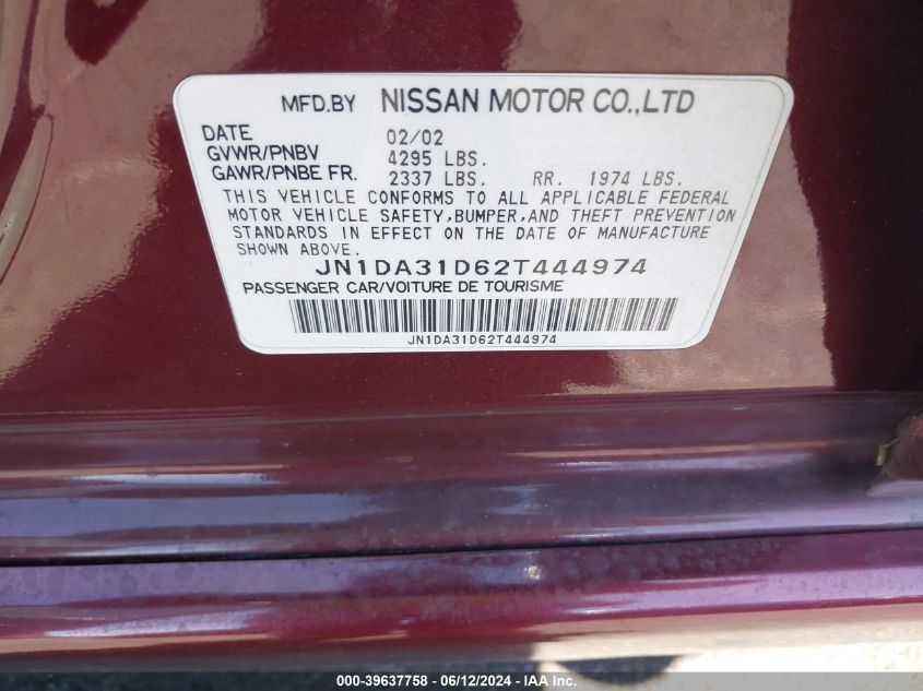 2002 Nissan Maxima Se VIN: JN1DA31D62T444974 Lot: 39637758