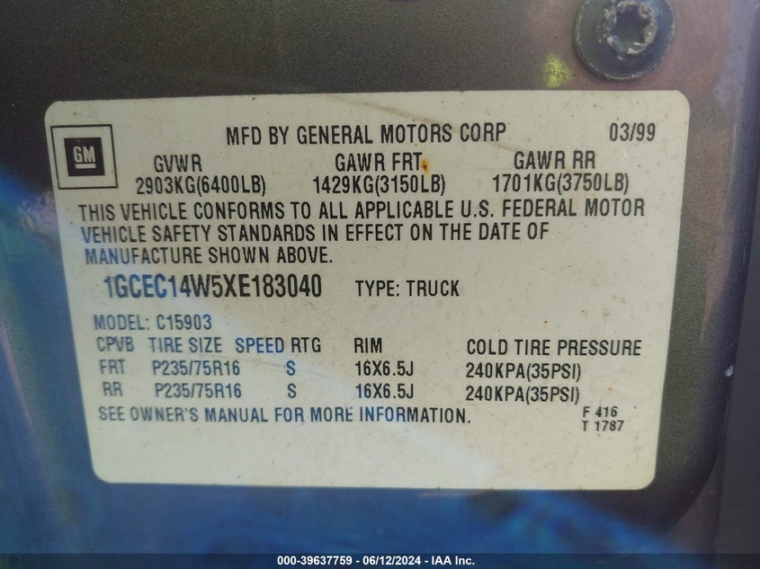 1999 Chevrolet Silverado 1500 VIN: 1GCEC14W5XE183040 Lot: 39637759