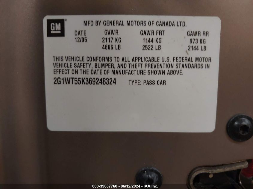 2006 Chevrolet Impala Lt VIN: 2G1WT55K369248324 Lot: 39637760