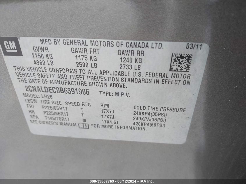 2011 Chevrolet Equinox 1Lt VIN: 2CNALDEC0B6391906 Lot: 39637769