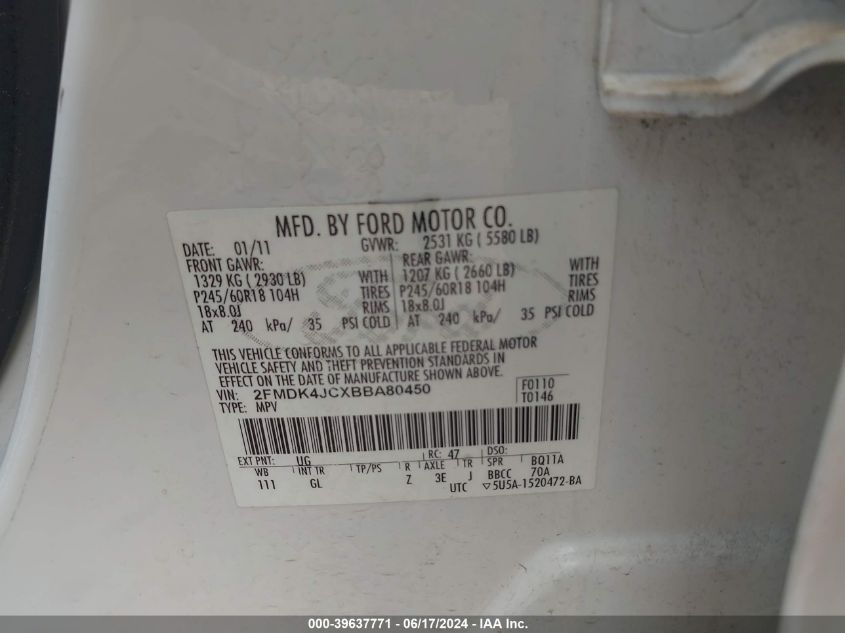 2011 Ford Edge Sel VIN: 2FMDK4JCXBBA80450 Lot: 39637771