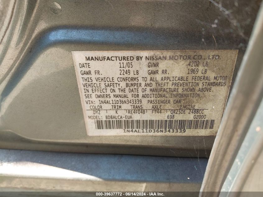 1N4AL11D36N343339 2006 Nissan Altima 2.5 S