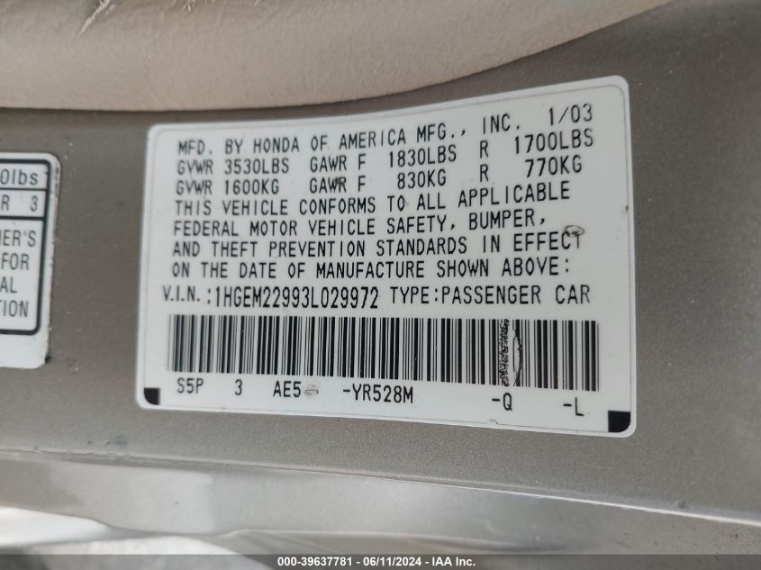 2003 Honda Civic Ex VIN: 1HGEM22993L029972 Lot: 39637781