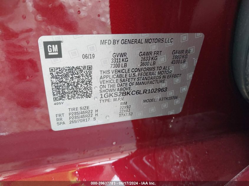 2020 GMC Yukon 4Wd Slt VIN: 1GKS2BKC6LR102963 Lot: 39637783