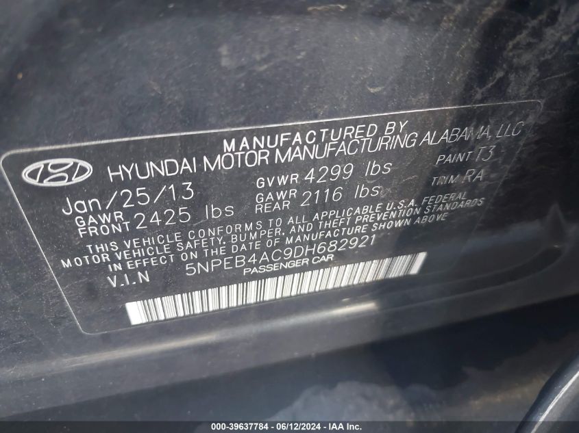 2013 Hyundai Sonata Gls VIN: 5NPEB4AC9DH682921 Lot: 39637784