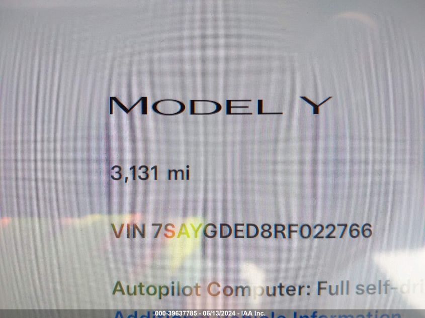 2024 Tesla Model Y Rwd VIN: 7SAYGDED8RF022766 Lot: 39637785