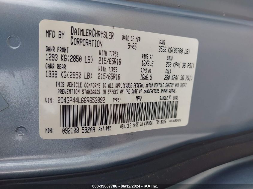 2006 Dodge Grand Caravan Sxt VIN: 2D4GP44L66R653892 Lot: 39637786