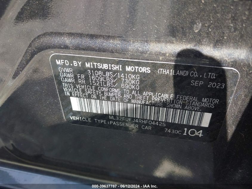 2024 Mitsubishi Mirage G4 Es VIN: ML32FUFJ4RHF04425 Lot: 39637787