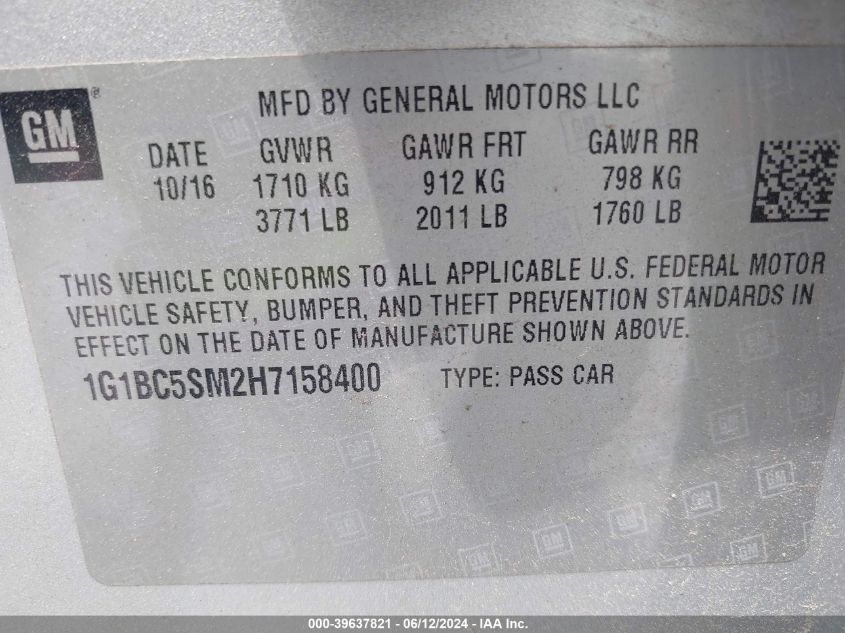 2017 Chevrolet Cruze Ls Auto VIN: 1G1BC5SM2H7158400 Lot: 39637821