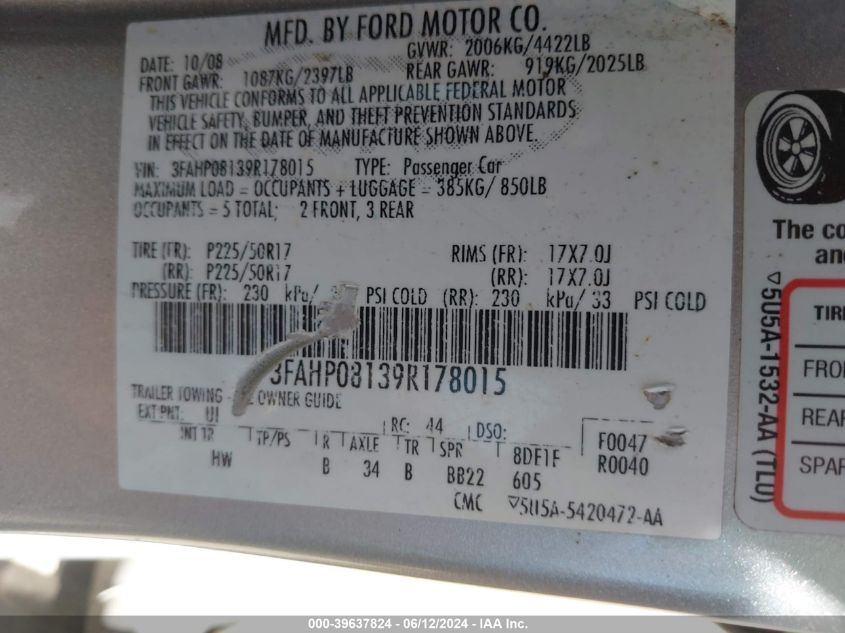 2009 Ford Fusion Sel VIN: 3FAHP08139R178015 Lot: 39637824